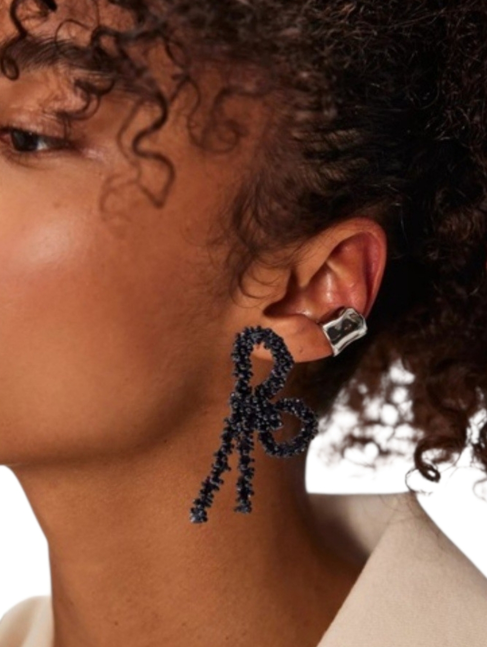 Free People Brandy Bo Dangles Beaded Bow Earrings Black Statement NWT